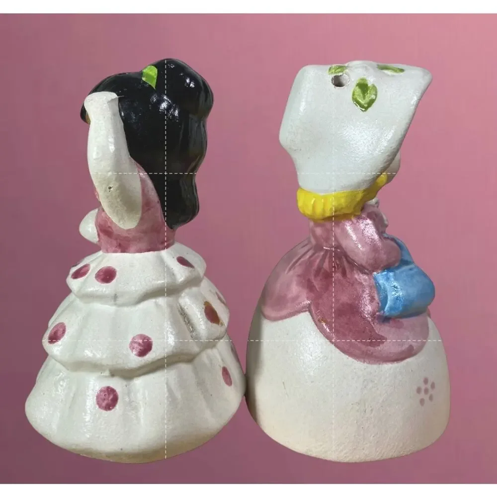 Vintage Storybook Girl Salt & Pepper Shakers Ceramic Pair Pink Mid Century